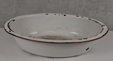 Vtg Large Enamelware Basin Oval Wash Bowl Tub White Bath Farmhouse Rustic Decor picture