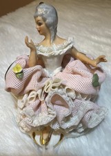 Vintage SIGNED Capodimonte DRESDEN Lace Lady W/ Flowers Figurine Porcelain Pink picture