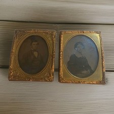 1850's Ambrotype Seated Man & Woman Portrait With Attached  Card Civil War Era  picture