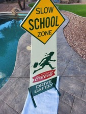 COCA COLA SCHOOL ZONE WOOD SIGN COKE RARE CONDITION ALLEN MORRISON 1950S picture