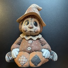 Ceramic Brown Patchwork Scarecrow Figurine Halloween Decor Fall Autumn Harvest picture