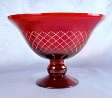 Ruby Red Cut Glass Pedestal Centerpiece Bowl Diamond Lattice 9” Vintage picture