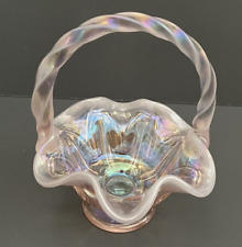 Fenton Pink Carnival Glass Iridescent Opalescent Glass Basket Twisted Handle Art picture