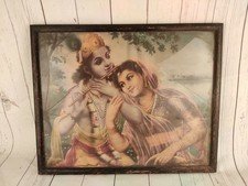 Vintage Radha Krishna Litho Print Wooden Frame Hindu Art picture