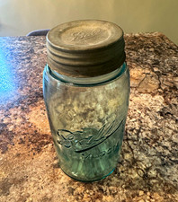 Antique Aqua-Blue Ball Mason canning jar with zinc lid picture