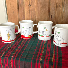 VTG 1984 Enesco Eli Elephant Christmas Mugs Set/4 Harry GANS Japan Sticker picture