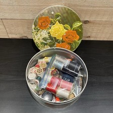 Large Mix Lot Of Miscellaneous Random Vtg Sewing Supplies In Large Metal Tin  picture