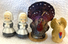 Vintage Thanksgiving Turkey figurative Gurley CANDLES + 2 girl PILGRIMS HOLIDAY picture