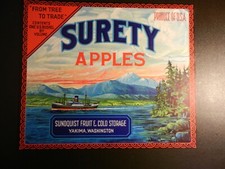 VINTAGE SURETY APPLES UNUSED LABEL.  Approx. 8 1/2