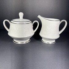 Vintage Noritake Ranier 6909 Sugar Bowl with Lid & Creamer Set White & Platinum picture