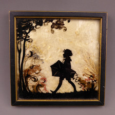Vintage 1930's Reverse Painted Silhouette Boy with Kite, Milkweed picture