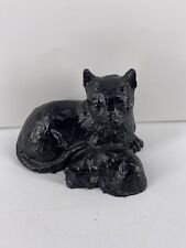 Vintage BLACK Hand Carved Coal Mother Cat With Baby Kitten Figurine picture