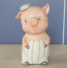Lefton Ceramic Piggy Bank Pig Figurine in Striped Overalls & Hat picture