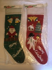 2 Vtg SHINY BRITE Christmas Stocking Felt JAPAN Red Green Snowman Santa Xmas NIP picture