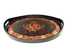 Tray Table Black Lacquer With Royal Design on Folding Holders Vintage Decor picture