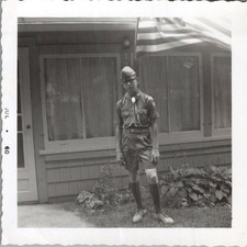 1960 Boy Scout Photograph Suburban Home American Flag Uniform Jul 60 Midcentury picture