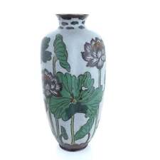 Tall Meiji Period Matte Finish Japanese Cloisonné Lotus Vase picture