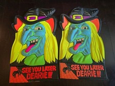 VTG 2x Artform Vacuform Halloween Witch Plastic Wall Decor 24” Dearie Spider Big picture