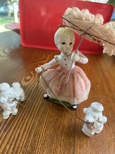 Vintage Ceramic Girl 2  Poodles On Chain Figurine Lace Dress Japan No Parasol picture