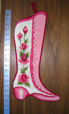 Vintage Victorian Needlepoint Shoe Boot Christmas Stocking W/Holly Velvet Back picture