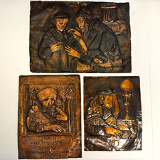 Rare T Eyges 1954 Signed Hand Hammered Copper Relief Judaica Jewish Art 3 Pc picture