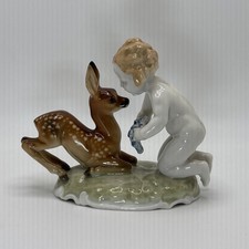**Rare All Painted** Karl Tutter  Hutschenreuther Child Feeding Deer Fawn picture