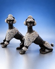 Vintage Black White Crackle Poodle Figurines Pair Mid Century Style Ceramic picture