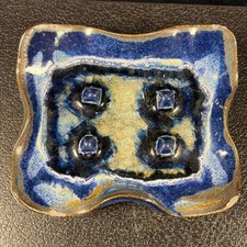 Vintage Studio Pottery Melted Glass Dish Brutalist Blue Ceramic Mid Century MCM picture