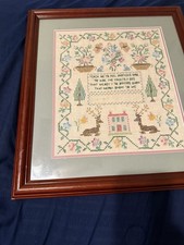 Vintage Sampler Cross Stitch Framed 1967 Handmade 19x17  Trees  Deer Etc picture