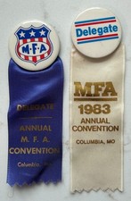 (2) Vintage MFA Company Delegate Convention Ribbon Pins (Columbia, MO) picture
