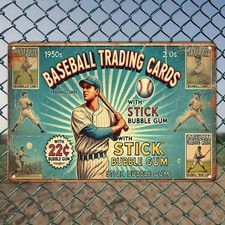 Vintage Baseball Trading Cards & Bubble Gum Retro Metal Tin Sign - Alum picture
