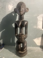 14” African style Hand Carved Wooden Kneeling Woman Figure Holding Pot Tribal  picture