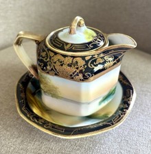 Antique Hand Painted Nippon Scenic Chocolate Pot (3”)& Underplate(5.5”) picture