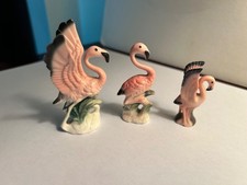 Trio of Vintage. Small  MCM Light Pink Flamingo ceramic, heads up & Wings up picture
