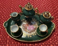 Vintage Limoges Miniature Porcelain Tea Set Courting Couple Emerald Green Gold picture