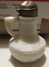 antique syrup  pitcher with tin lid milk glass with design handle  7