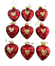 Vintage Red Glass Heart Christmas Ornaments Gold Glitter Scrollwork Set of 9 3” picture