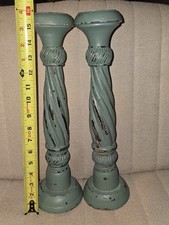 Large Vintage Wooden Candlestick Pair - Distressed picture