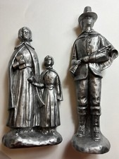 Vintage 1970s Silver Pilgrim Family Figurines 15” Thanksgiving Decor picture
