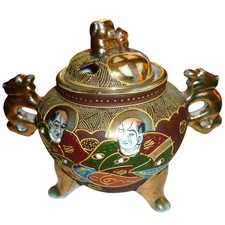 Vintage Japanese Satsuma Moriage Incense Burner Koro Tripod Immortals Dragon picture