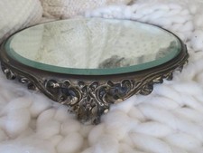 Old Antique Beveled PLATEAU MIRROR Footed Detailed Metal Rim for Display GHOSTY picture