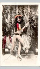 HAWAIIAN HULA GIRL UKULELE 1930s postcard portrait real photo rppc hi tinted picture