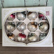 VTG Set of 12 Shiny Brite Glass Christmas Ornaments Mica Stenciled Original Box picture