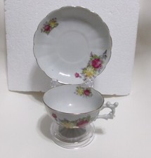 Vtg Pedestal TEA CUP & SAUCER Pink & Yellow Roses Gold Trim Scalloped Edge JAPAN picture