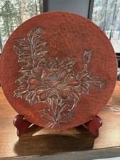 Vintage Japanese Kamakura-bori style hand-carved wooden lacquer Plate & Stand. picture