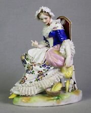 Antique Ludwigsburg Porcelain Seated Woman with Lace Bonnet, Dress & Playful Cat picture