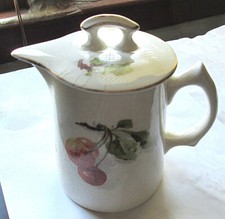 EDWIN M. KNOWLES CHINA CO. WHITE PORCELAIN CREAMER & LID, CHERRIES ON STEM, USED picture