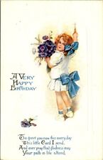 vintage postcard - A VERY HAPPY BIRTHDAY girl with bouquet of flowers embossed picture