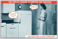 Greetings From A Happy Homemaker She Learned To Control Children Postcard picture