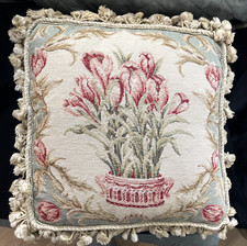 Vintage French Aubusson Style Floral Tulips in Vase Needlepoint Pillow w/Tassels picture